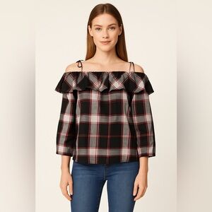 LOFT Black and Red Ruffled Tie Front Blouse